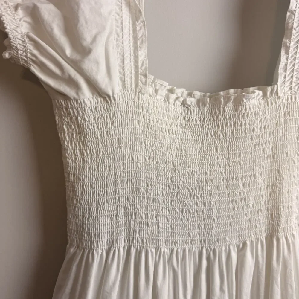 O.P.T Lazy Afternoon Dress White Maxi Medium Smocked Cotton Lined Puff Sleeve - Picture 6 of 15